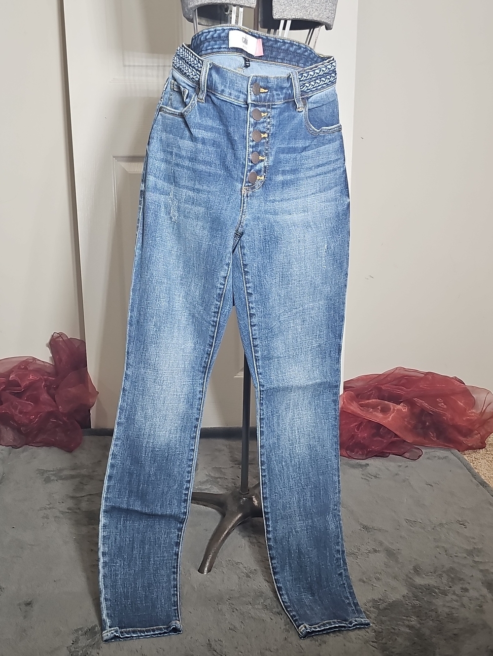CAbi Braided Waistband Exposed Button Fly High Rise Skinny Jeans Medium Wash 4